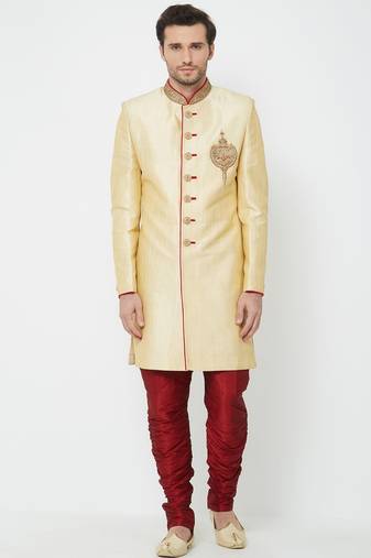 Fawn yellow hand embroidered art silk sherwani for men