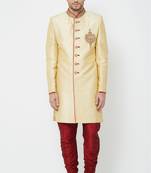Fawn yellow hand embroidered art silk sherwani for men
