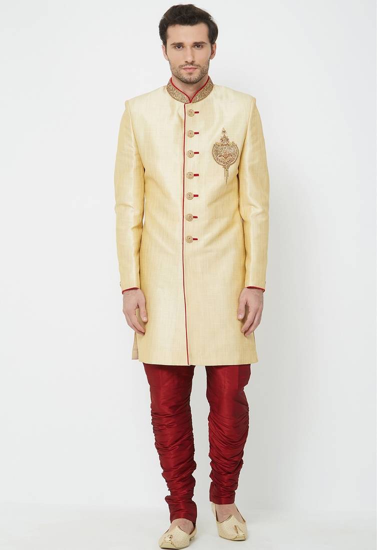 Fawn yellow hand embroidered art silk sherwani for men