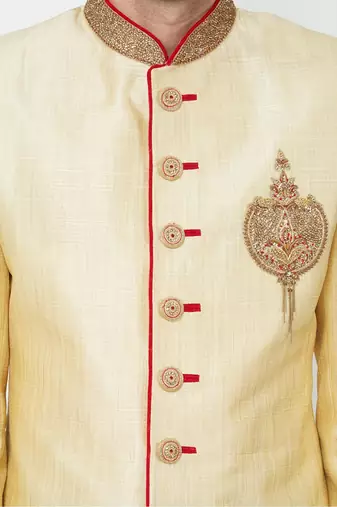 Fawn yellow hand embroidered art silk sherwani for men