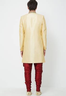 Fawn yellow hand embroidered art silk sherwani for men 3