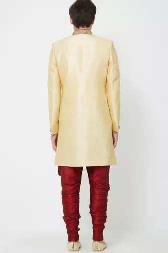 Fawn yellow hand embroidered art silk sherwani for men