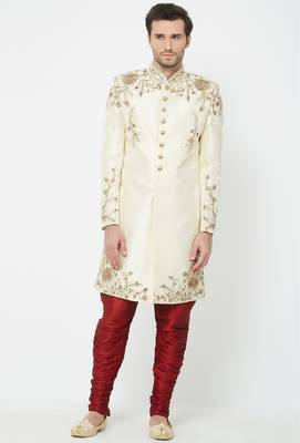 Cream solid art silk sherwani for men 1