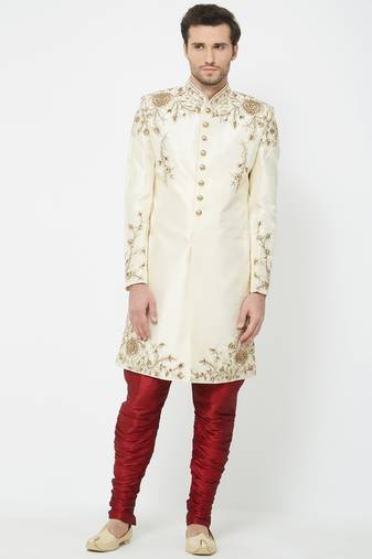 Cream solid art silk sherwani for men