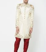 Cream solid art silk sherwani for men