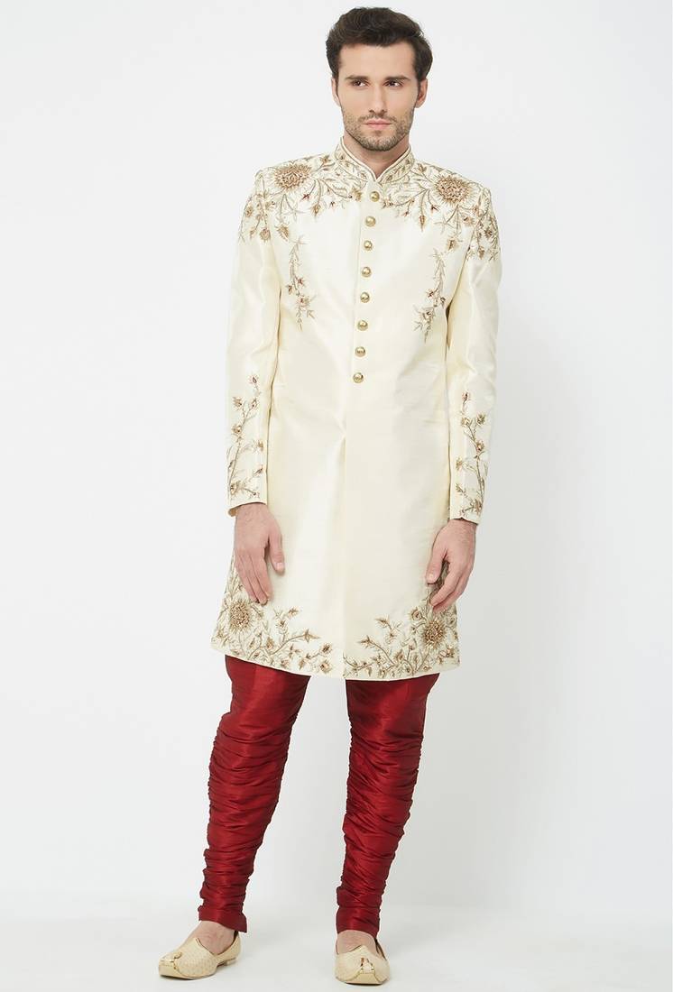 Cream solid art silk sherwani for men