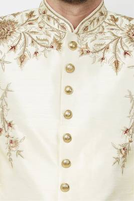 Cream solid art silk sherwani for men 2