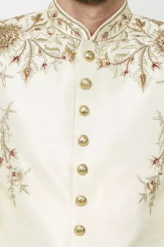 Cream solid art silk sherwani for men