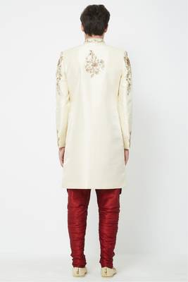 Cream solid art silk sherwani for men 3