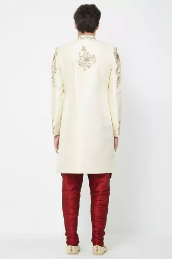 Cream solid art silk sherwani for men