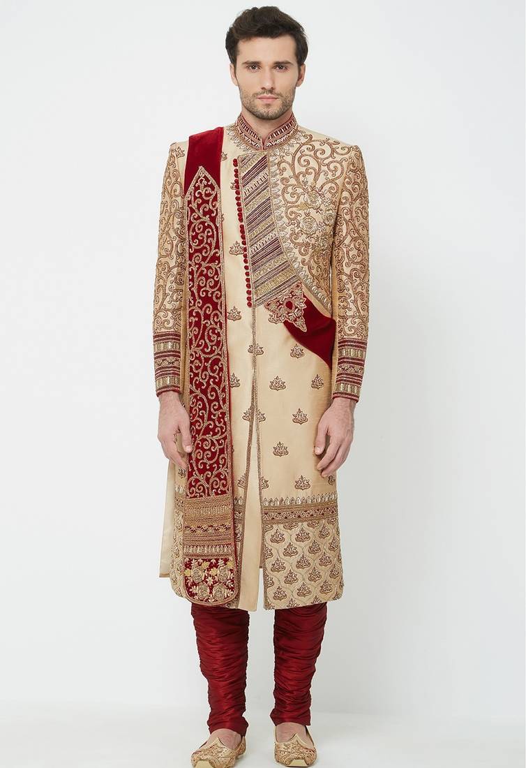 Gold solid art silk sherwani for men