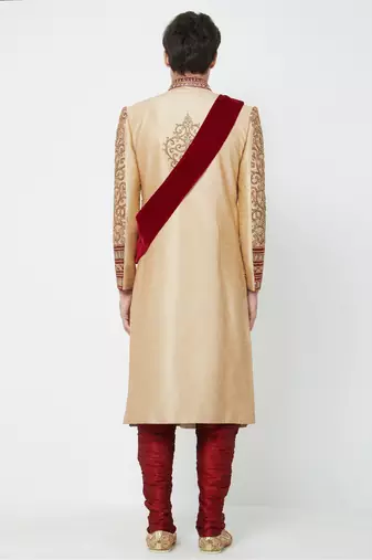 Gold solid art silk sherwani for men