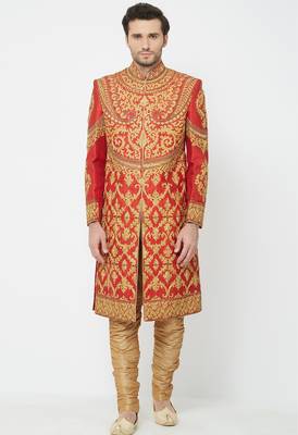 Carrot red embroidered art silk sherwani for men 1