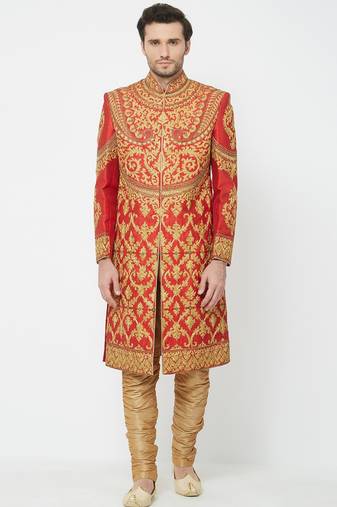 Carrot red embroidered art silk sherwani for men