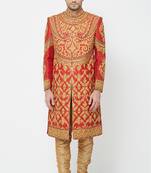 Carrot red embroidered art silk sherwani for men