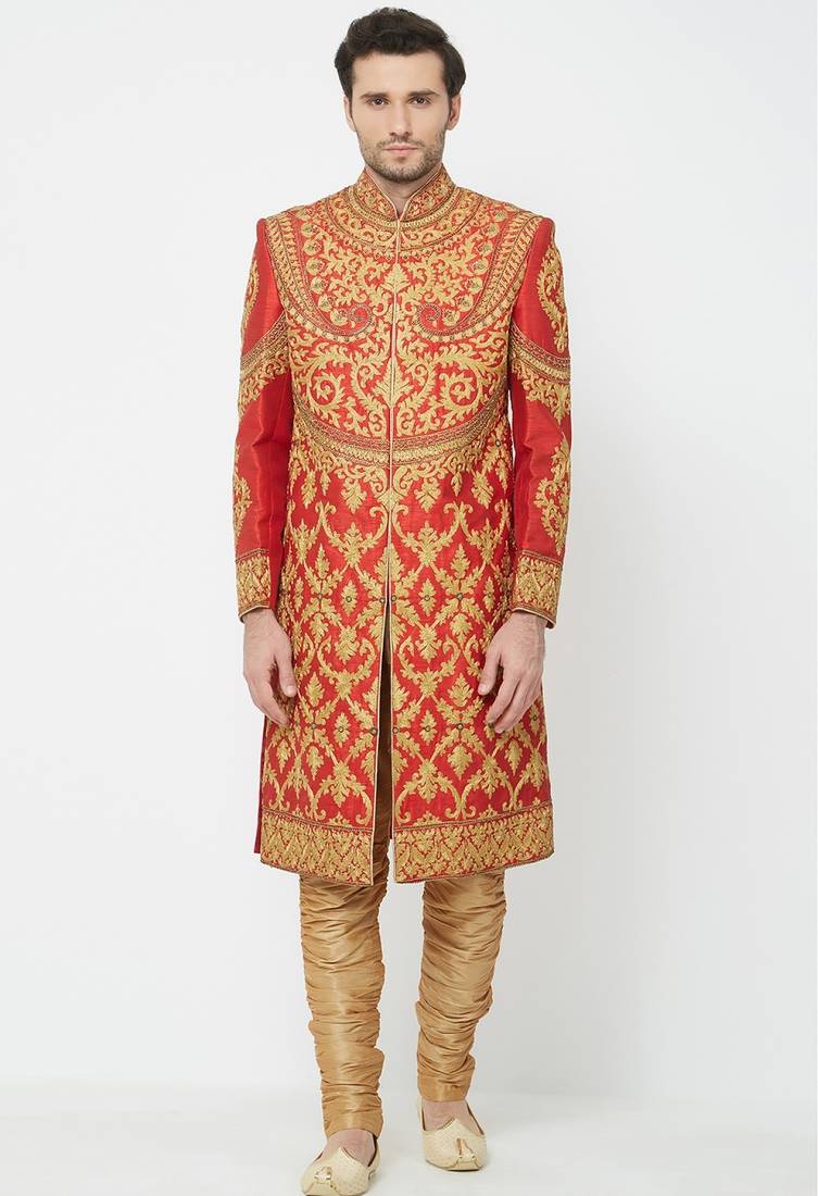 Carrot red embroidered art silk sherwani for men