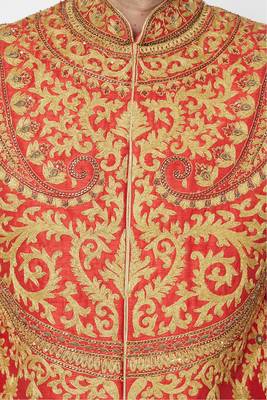 Carrot red embroidered art silk sherwani for men 2