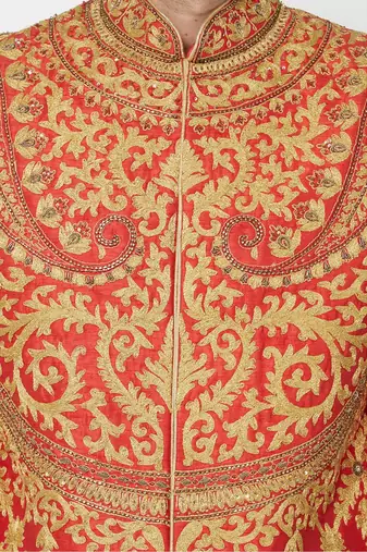 Carrot red embroidered art silk sherwani for men