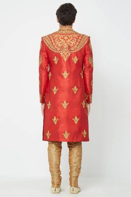 Carrot red embroidered art silk sherwani for men 3