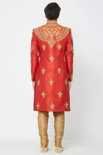 Carrot red embroidered art silk sherwani for men