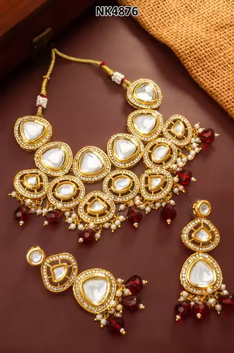Red bead kundan choker necklace set