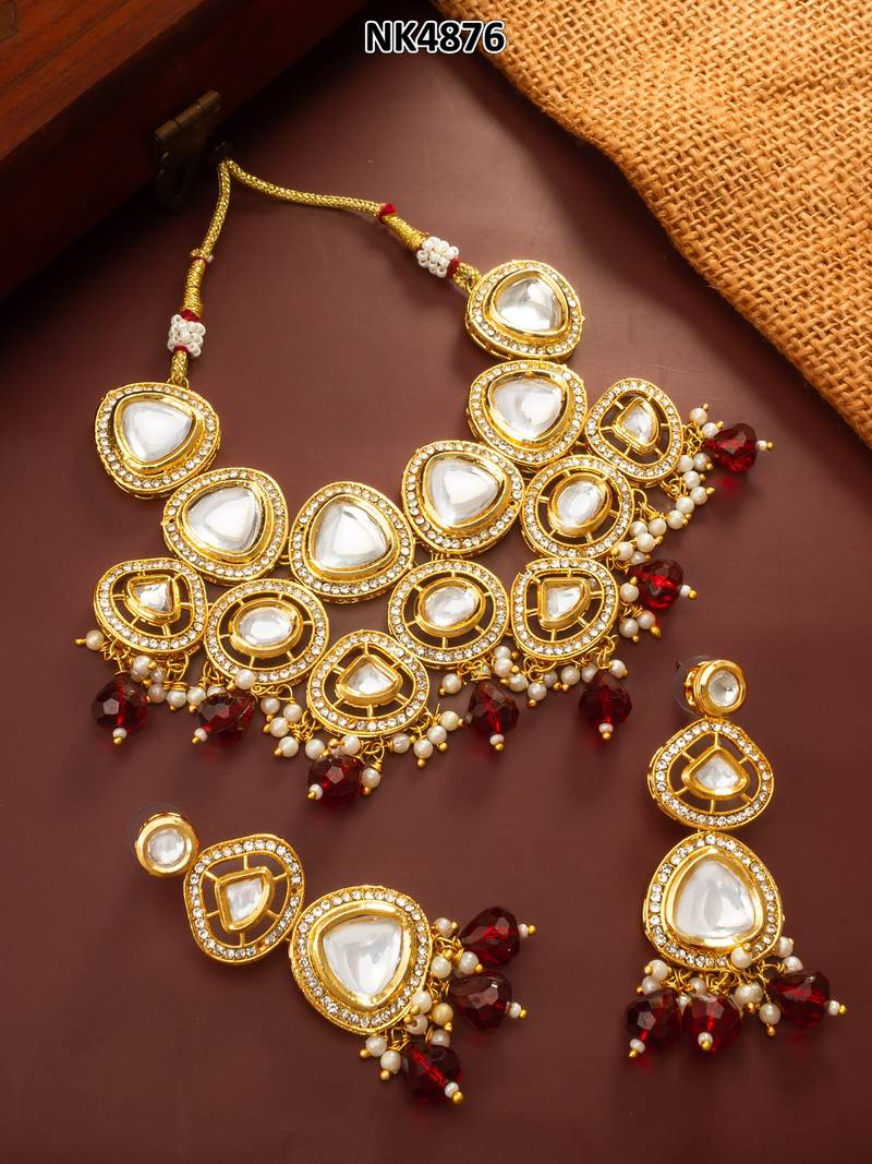 Red bead kundan choker necklace set