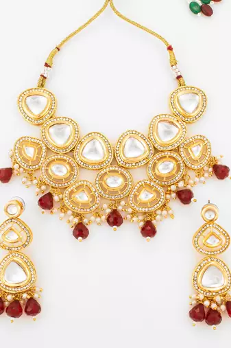 Red bead kundan choker necklace set