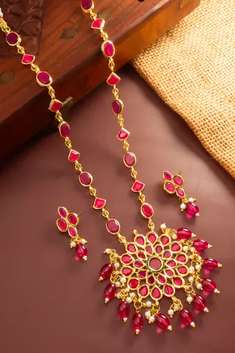 Ruby stone floral necklace earring set