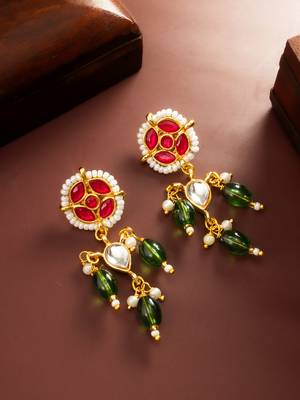 Green bead kundan drop earrings 1