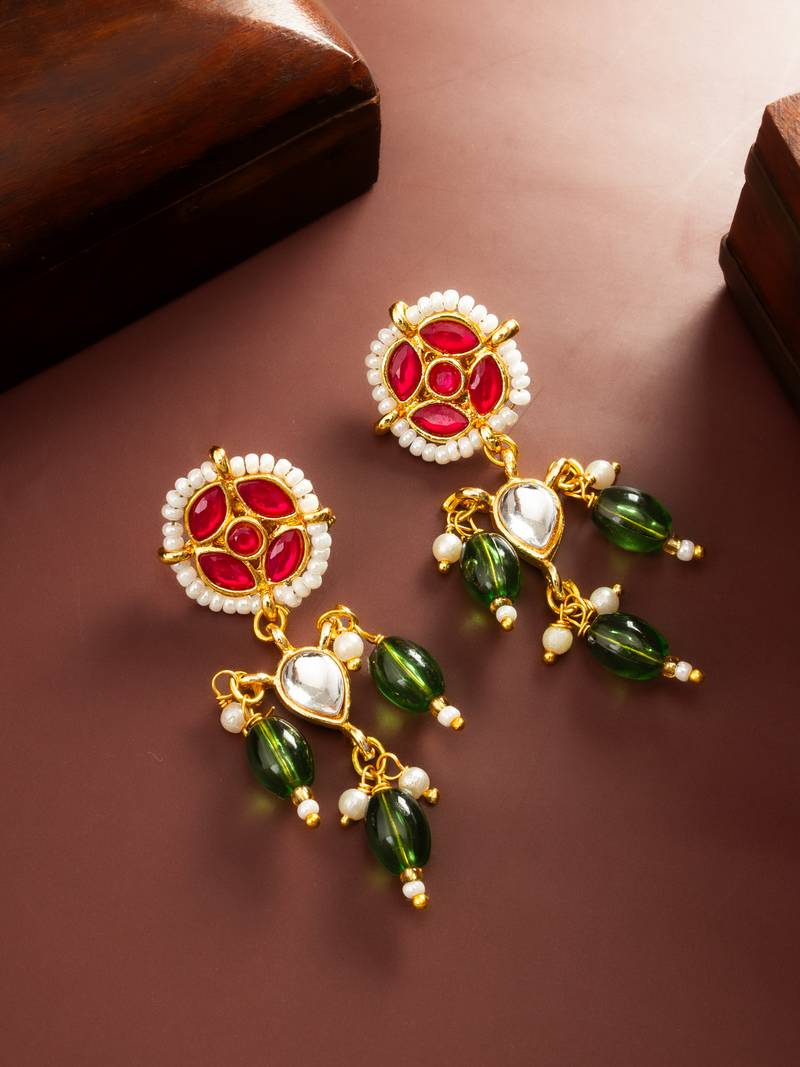 Green bead kundan drop earrings