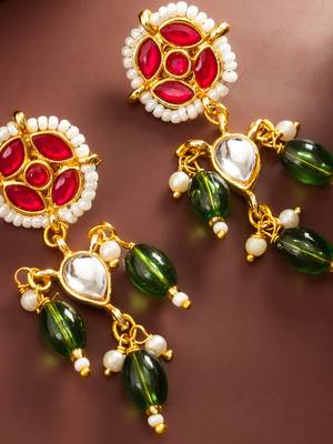 Green bead kundan drop earrings 2