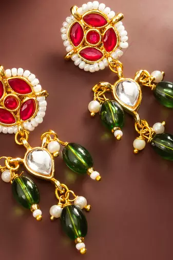 Green bead kundan drop earrings