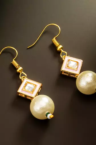 Pink pearl square drop earrings