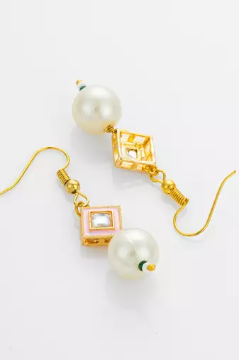 Pink pearl square drop earrings