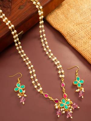 Double pearl floral pendant necklace set 1