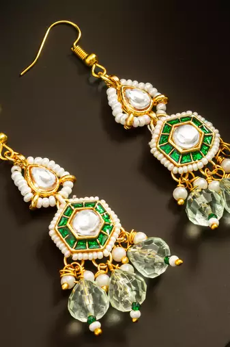 Green enamel pearl chandelier earrings