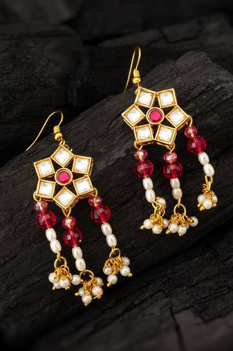 Red kundan chandelier drop earrings