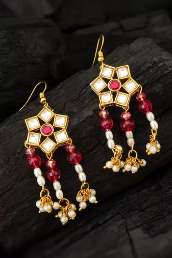 Red kundan chandelier drop earrings