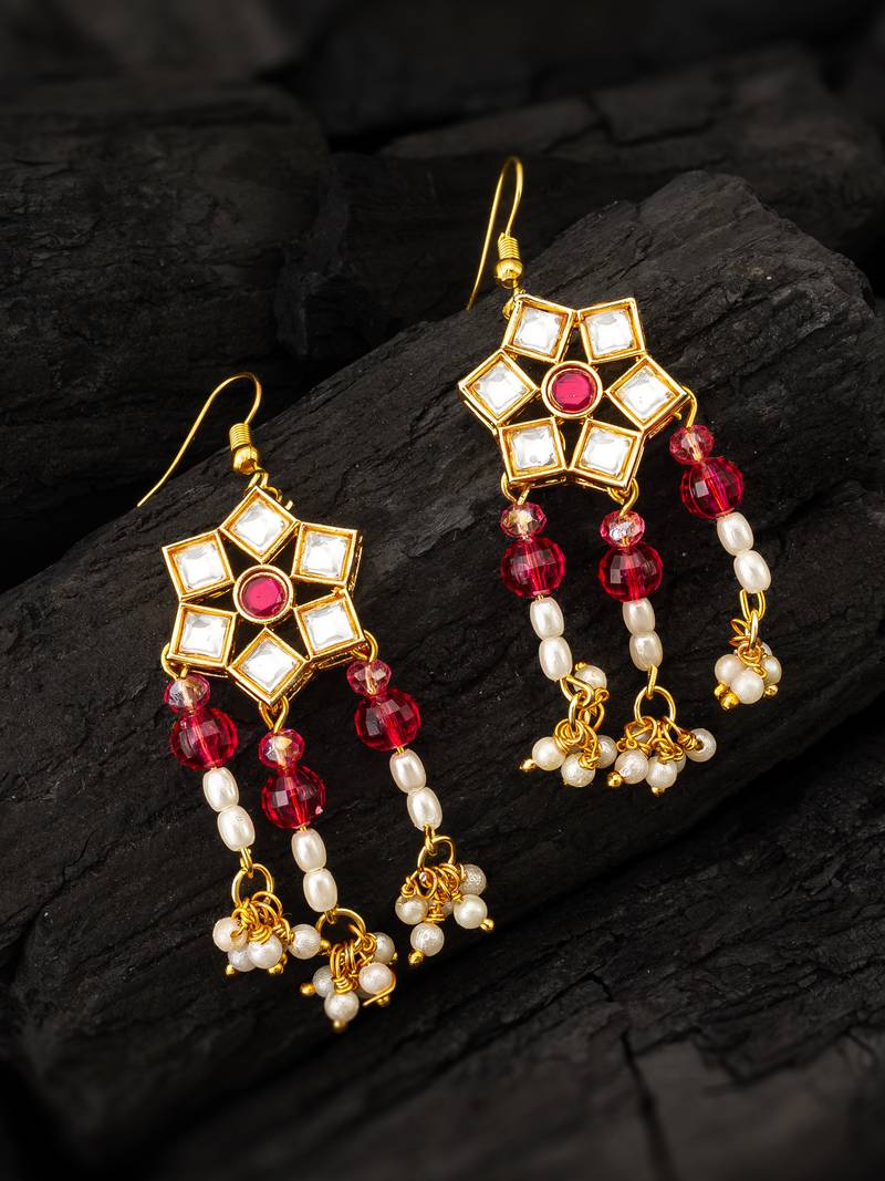 Red kundan chandelier drop earrings