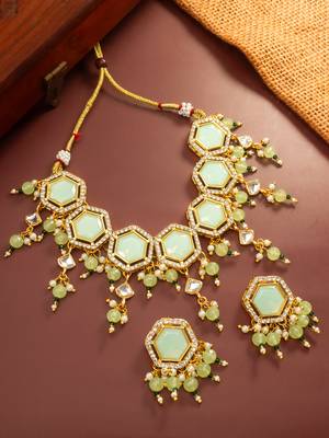 Mint green hexagon kundan necklace set 1