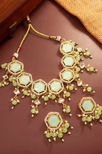 Mint green hexagon kundan necklace set