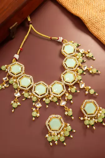 Mint green hexagon kundan necklace set