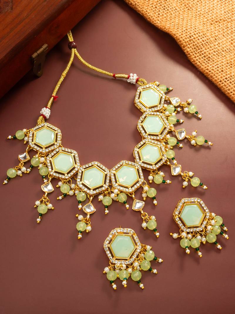 Mint green hexagon kundan necklace set