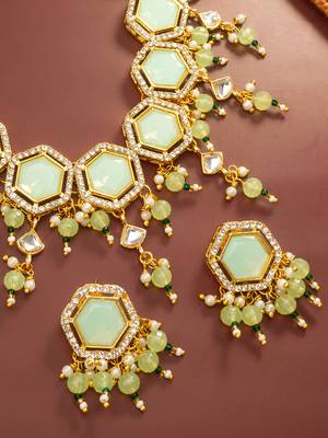 Mint green hexagon kundan necklace set 2