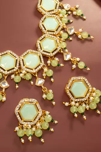 Mint green hexagon kundan necklace set