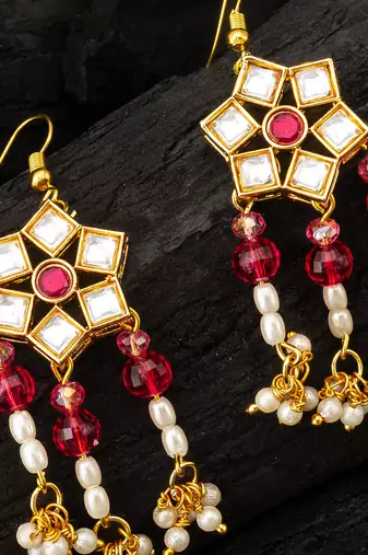 Red kundan chandelier drop earrings