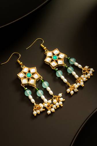 Green kundan pearl chandelier earrings