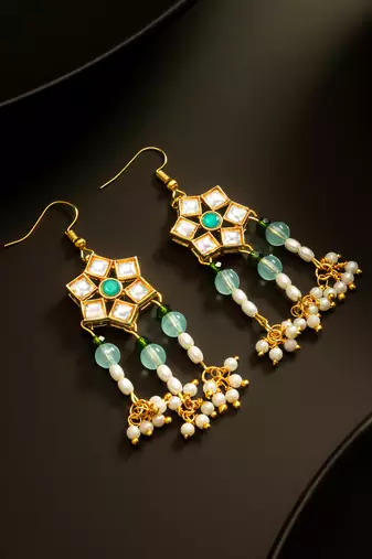Green kundan pearl chandelier earrings