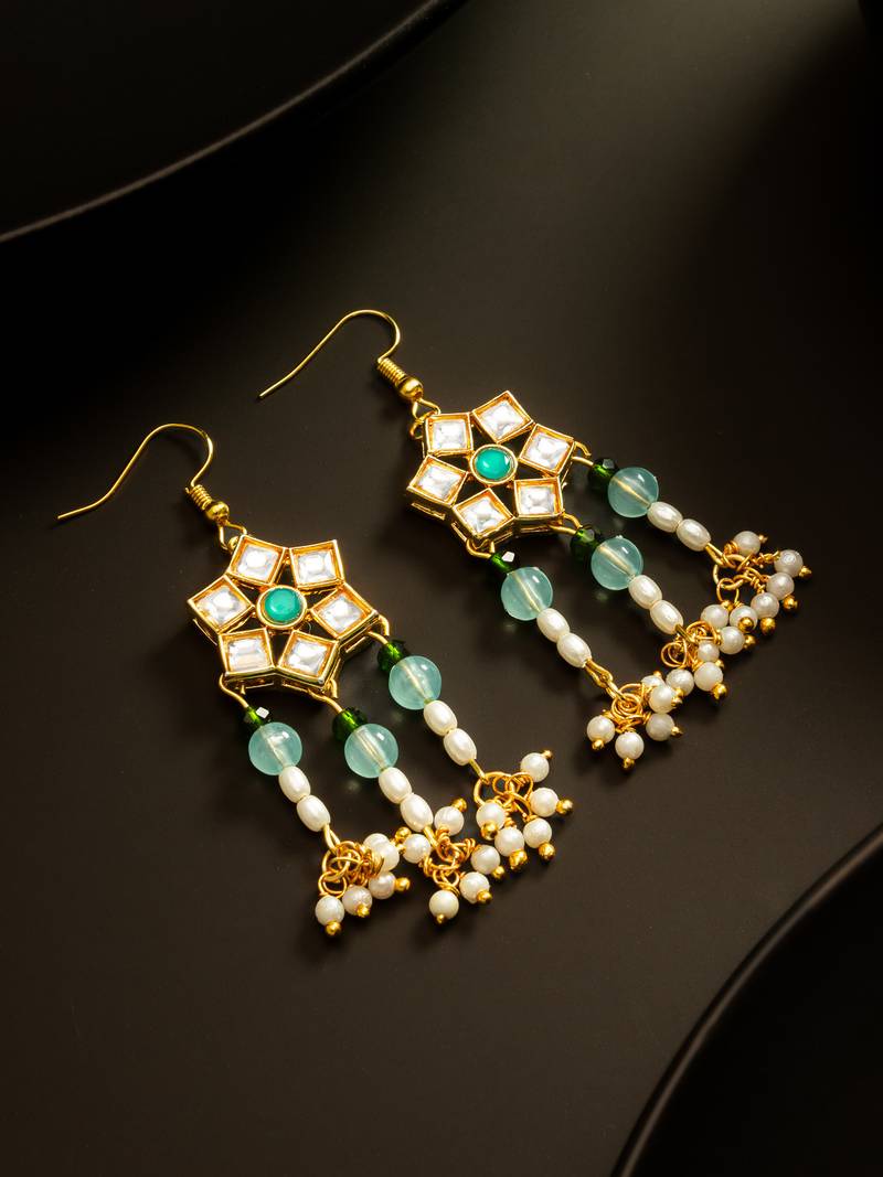 Green kundan pearl chandelier earrings