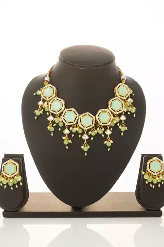 Mint green hexagon kundan necklace set